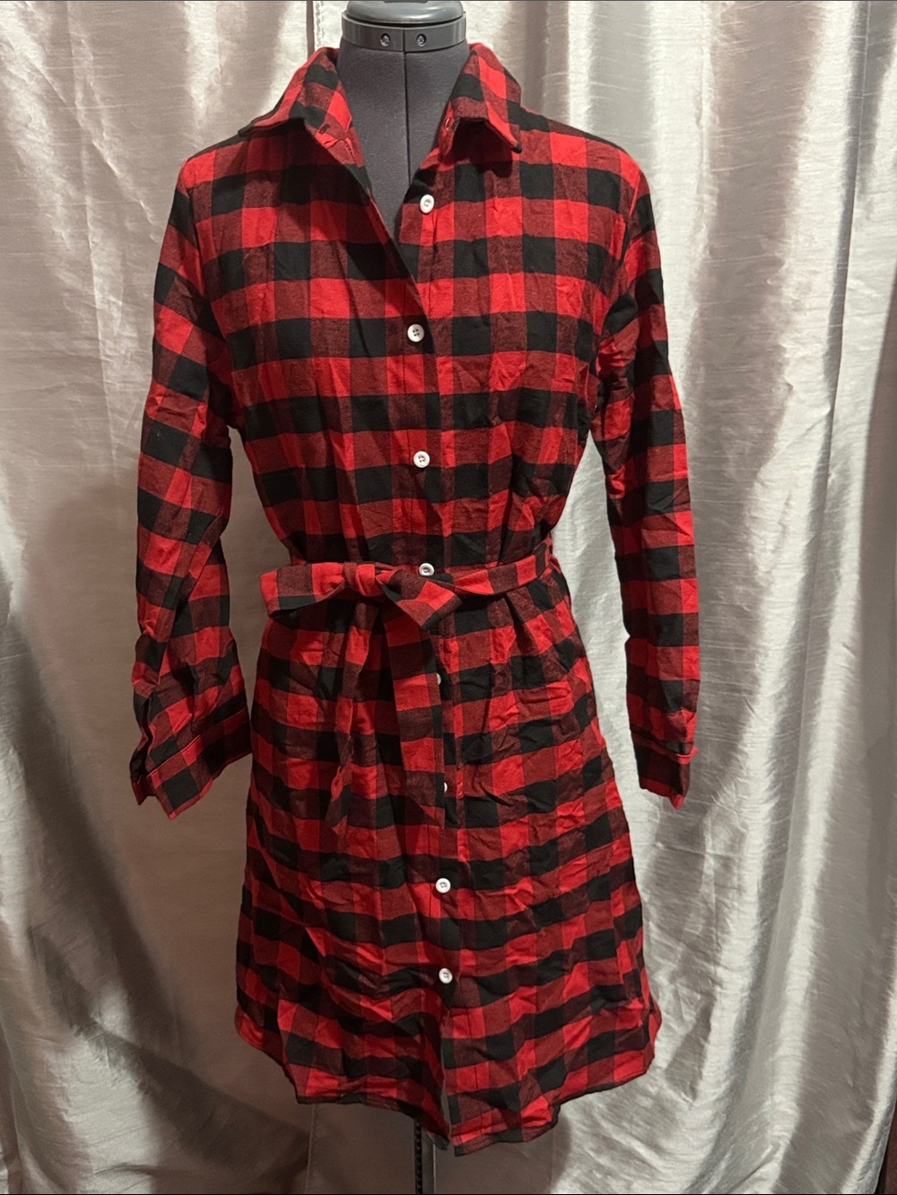 Red and Black Plaid Long-Sleeve Shirt Dress with Waist Tie